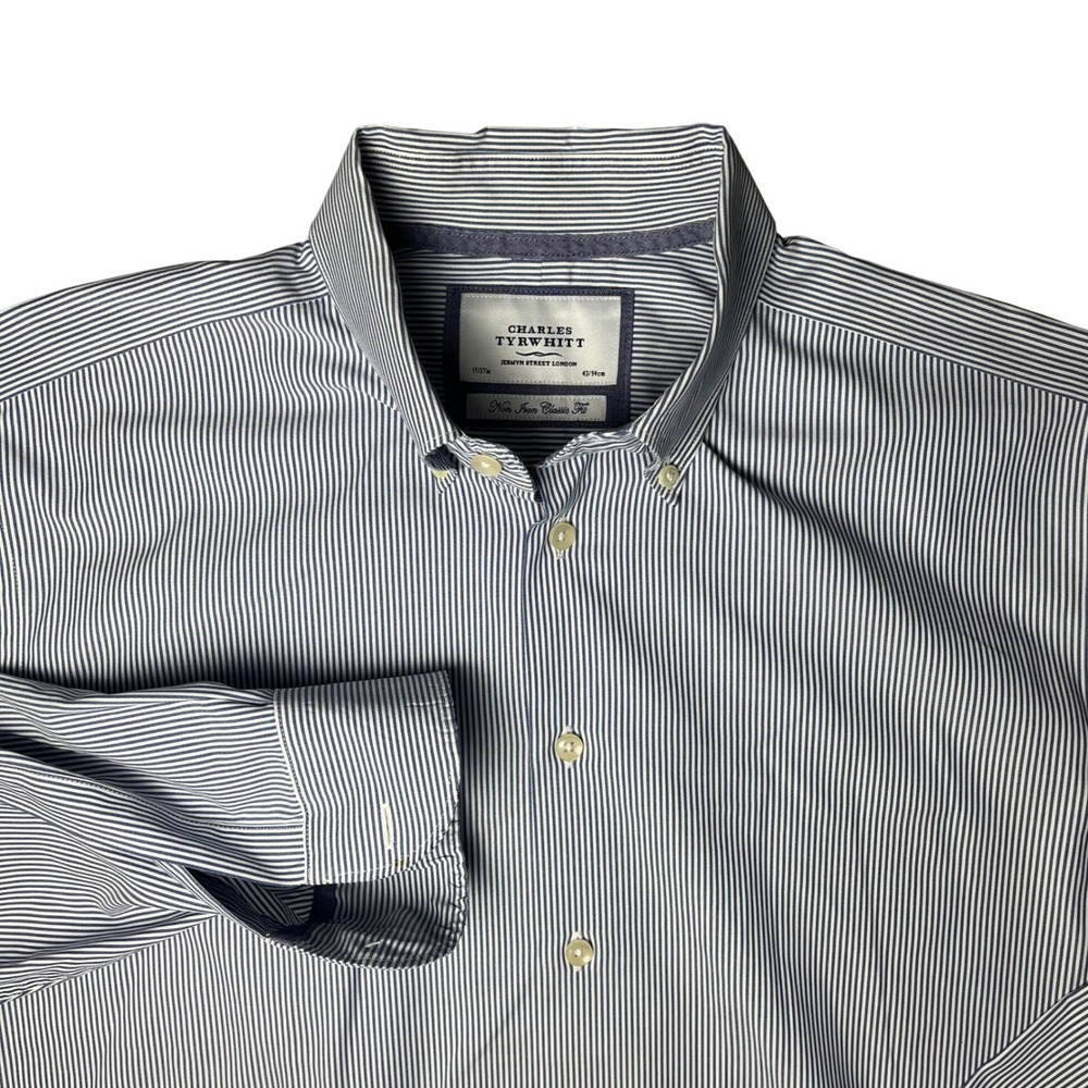 Charles‎ Tyrwhitt Button Down Shirt Mens 17/37 Blue Pinstripe Non Iron Classic